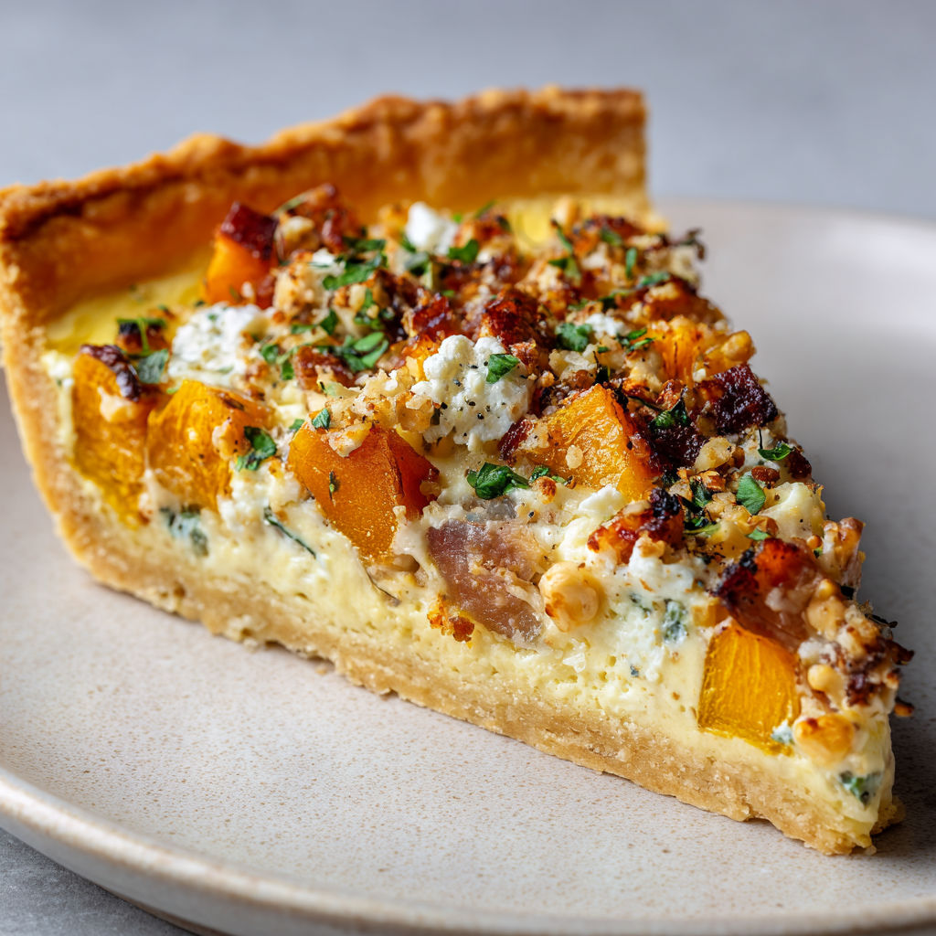 Une tarte gourmande avec courge fondante, chèvre, lardons croustillants et noisettes concassées.