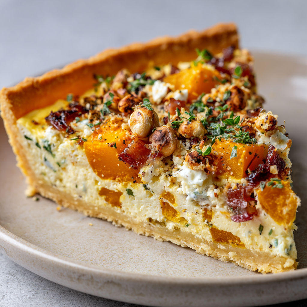 Une tourte salée garnie de fruits secs et de fromage, relevée d'herbes fraiches, présentée sur un plateau.