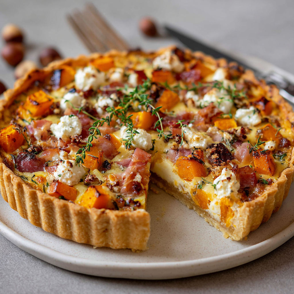 Une tarte salée garnie de pommes, fromage, épinards et noix, sur un plateau.