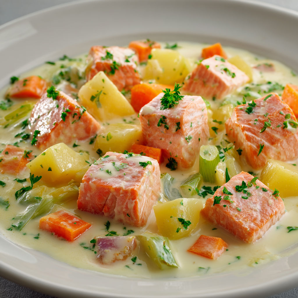 Des légumes tendres comme poireaux et carottes avec saumon dans une sauce.