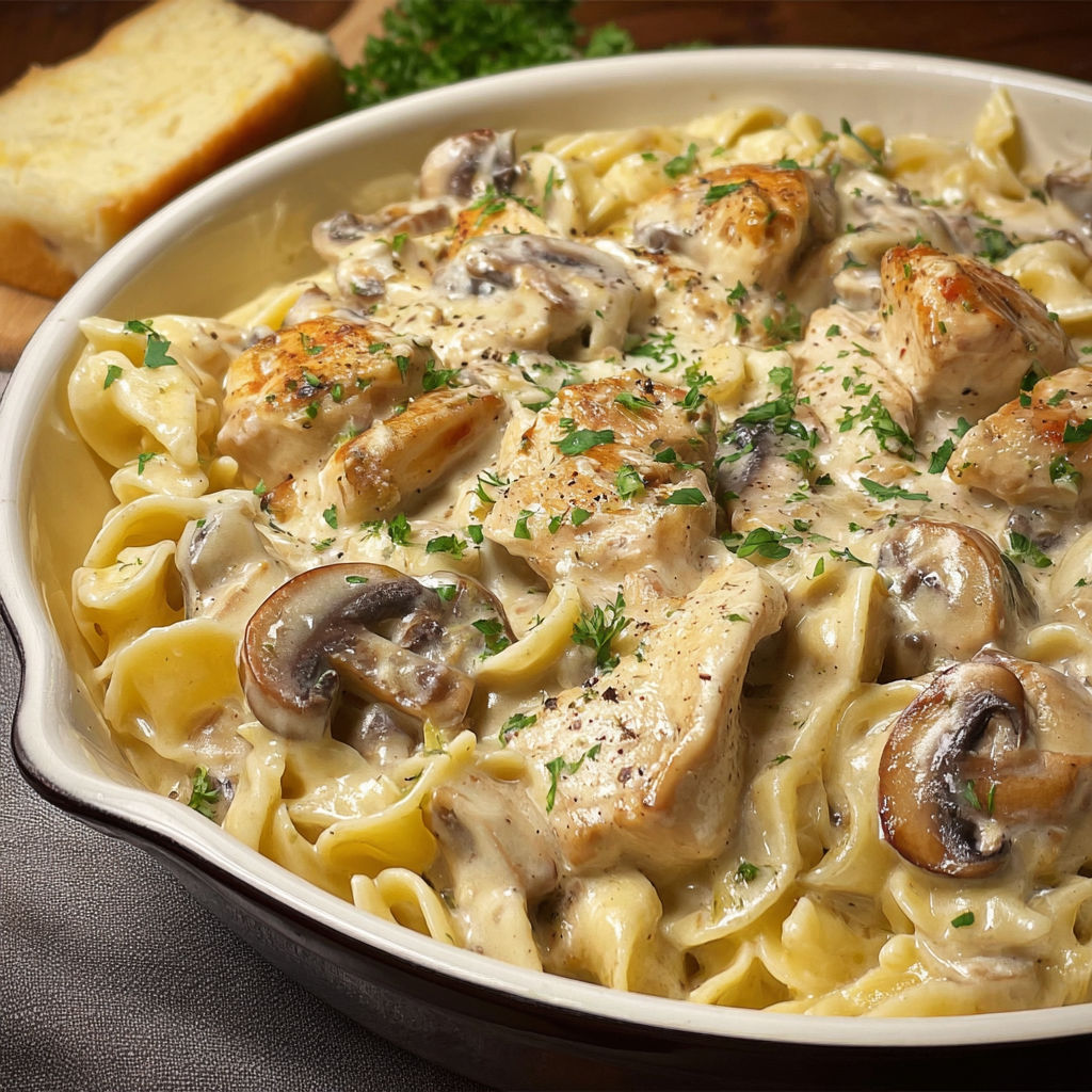 Un plat chaleureux de pâtes fondantes avec poulet, champignons et une sauce crémeuse, complété par quelques herbes fraîches et du pain.