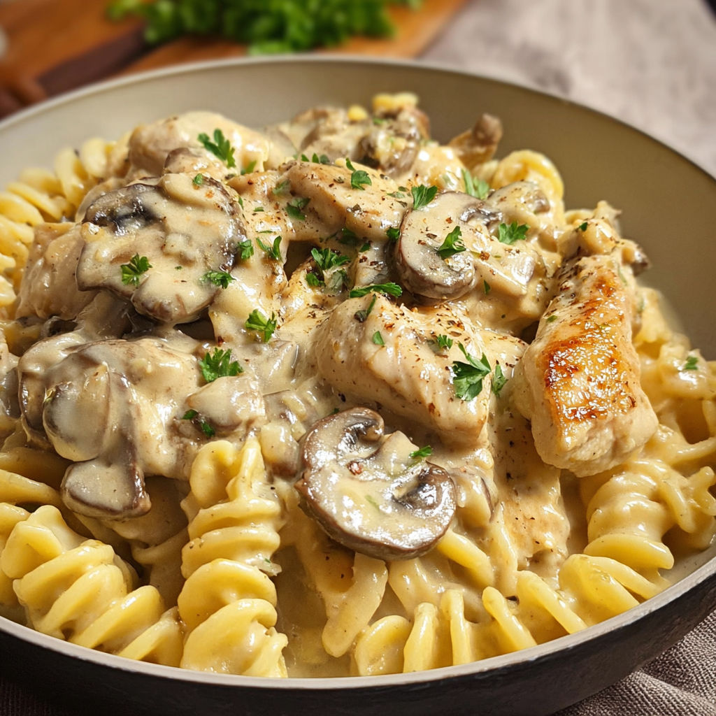 Bol de macaroni au poulet et champignons avec sauce crémeuse.