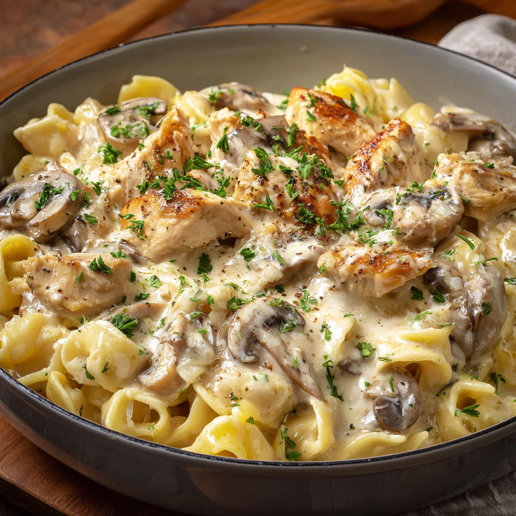 Bol en métal rempli de macaroni au poulet et champignons crémeux.