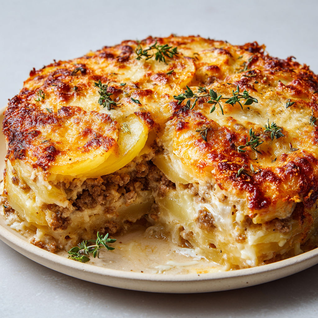 Gratin doré au fromage avec viande hachée et pommes de terre, sur une assiette.