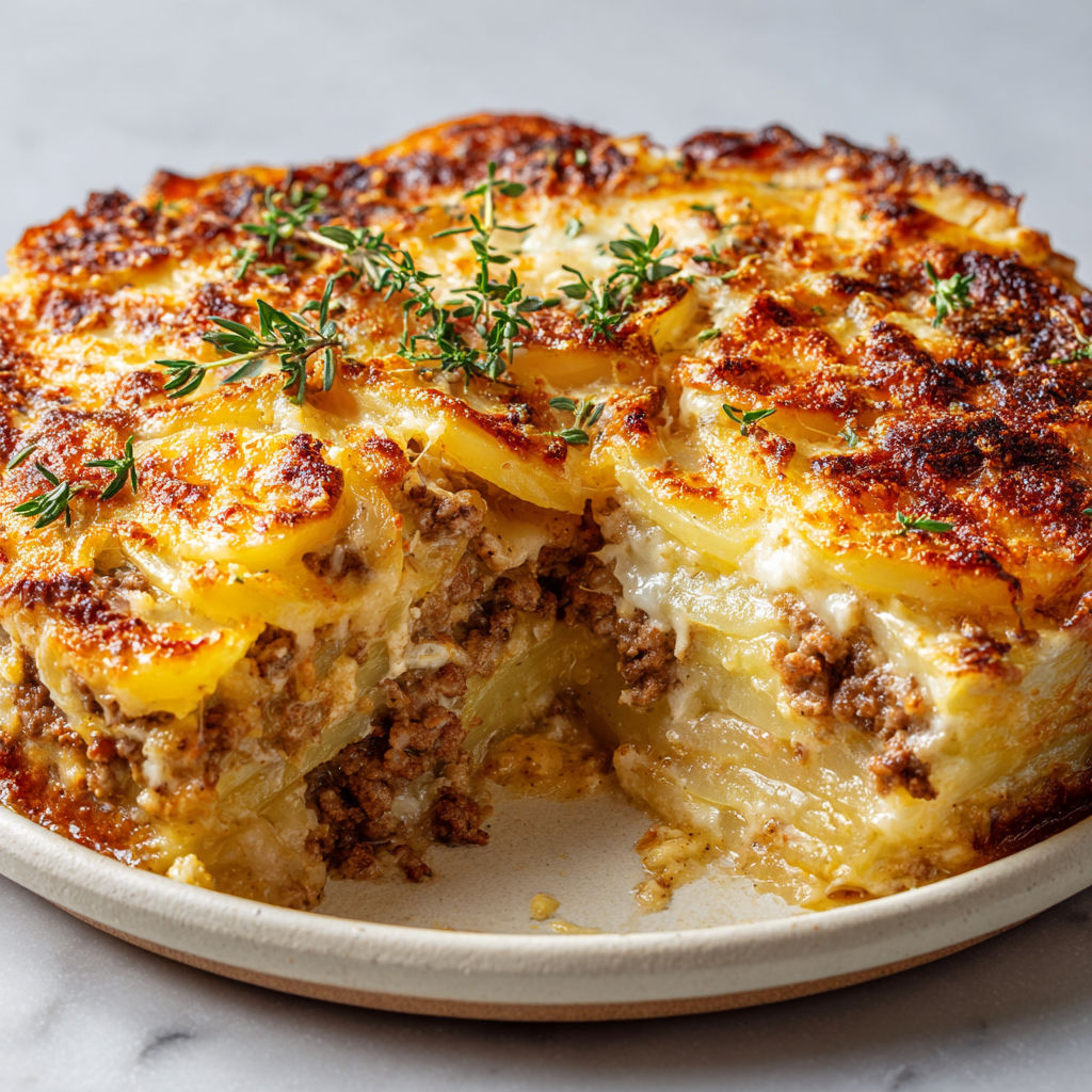 Part de gratin doré, décorée d’herbes et servie avec quelques légumes, sur un plateau.