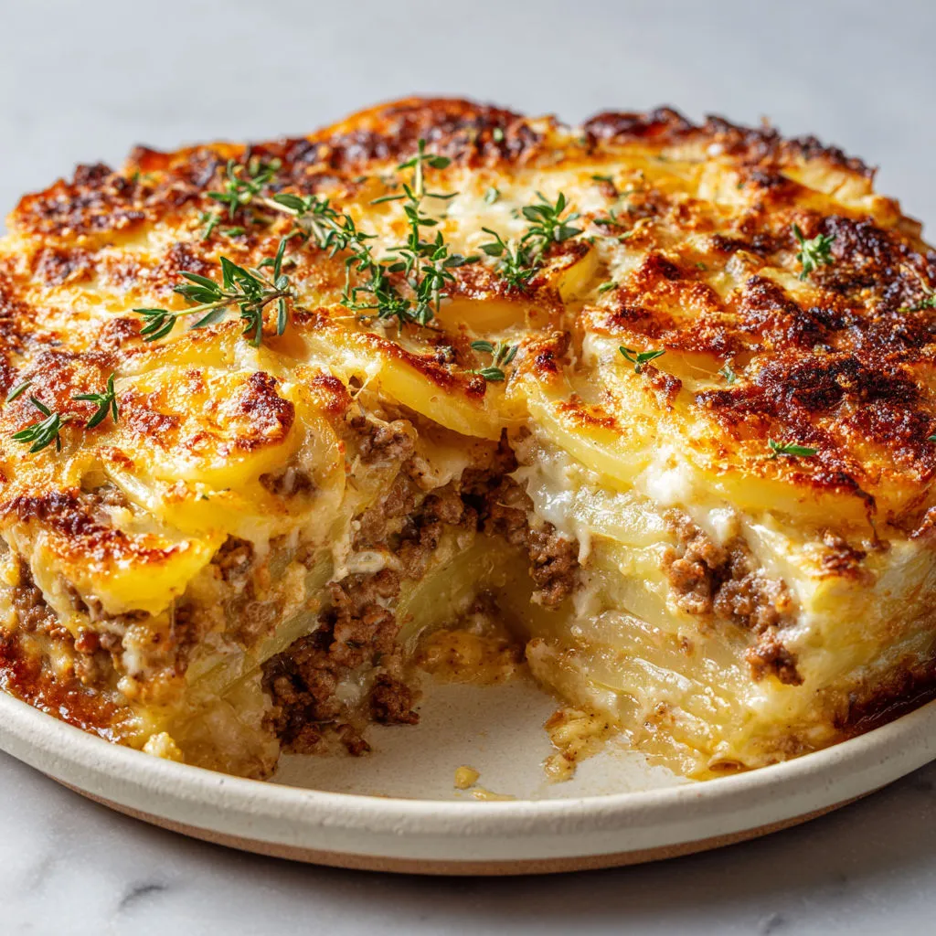 Part de gratin doré, décorée d’herbes et servie avec quelques légumes, sur un plateau.