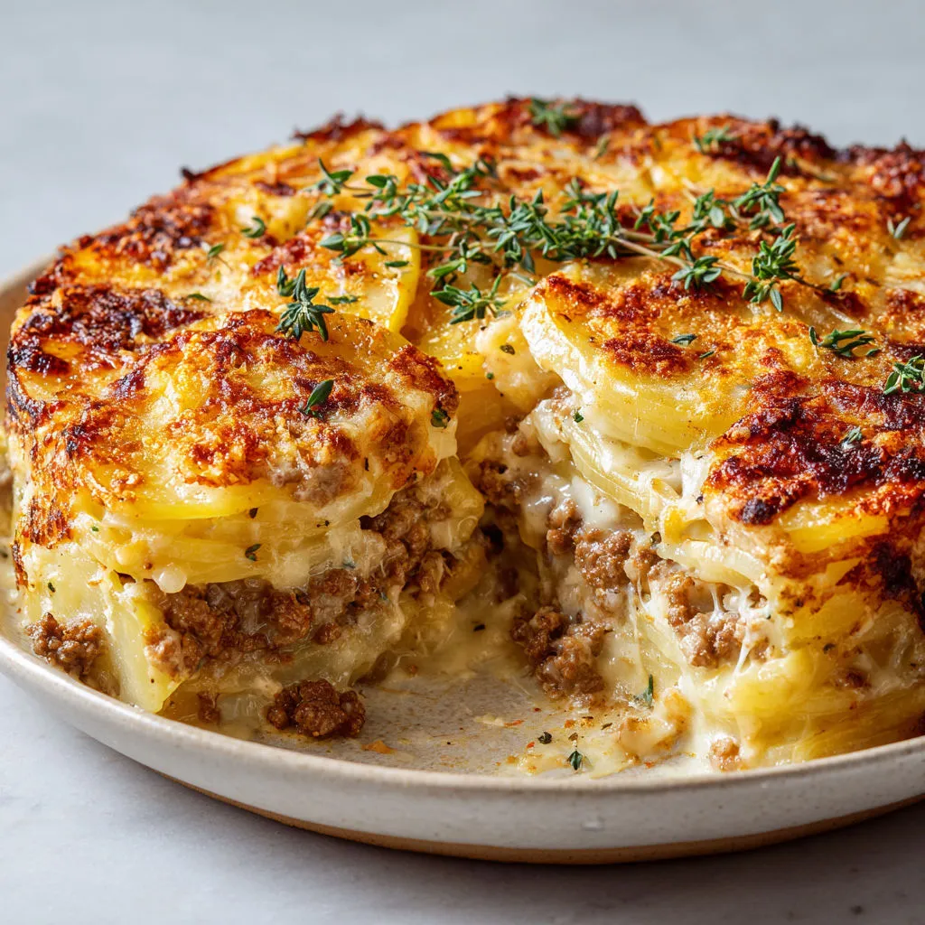 Gratin tranché aux pommes de terre et verdure, présenté sur un joli plat en céramique.