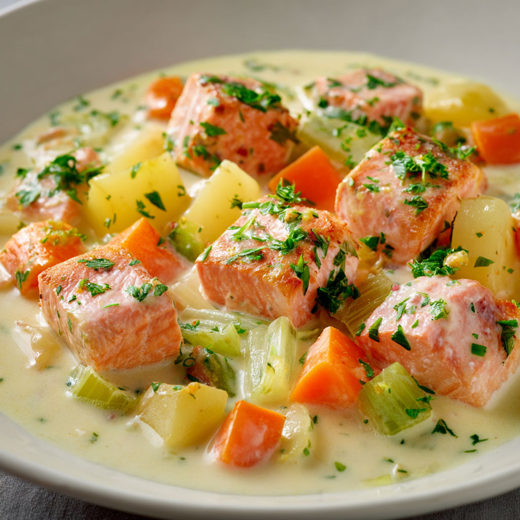 Un bon plat de poisson aux légumes variés, sauce crémeuse.