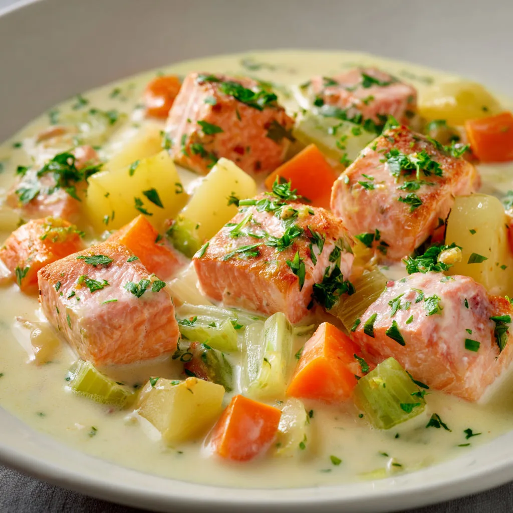 Un bon plat de poisson aux légumes variés, sauce crémeuse.