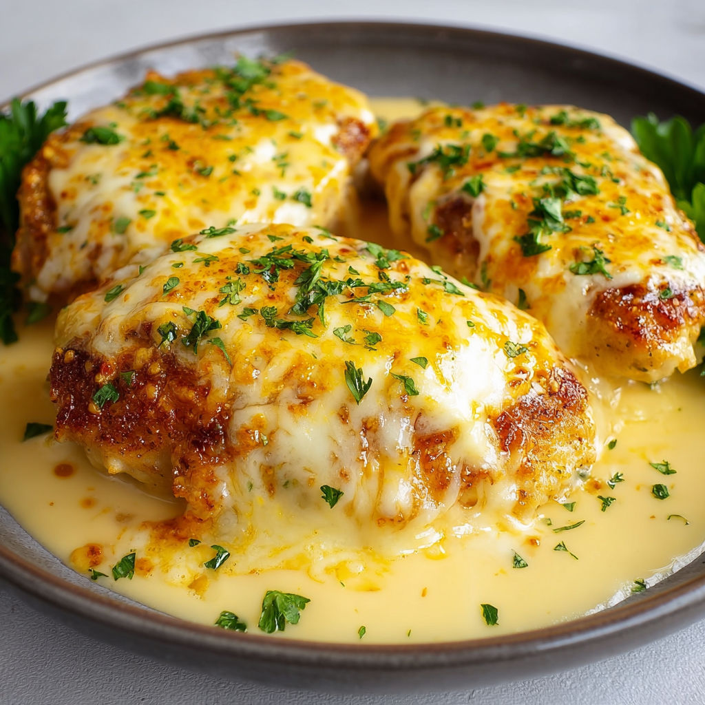Poulet gratiné à la moutarde et au fromage, décoré d'herbes fraîches.