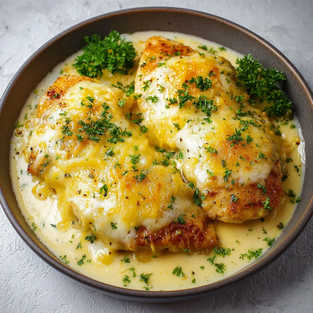 Poulet nappé de sauce au fromage et herbes fraîches dans un bol.