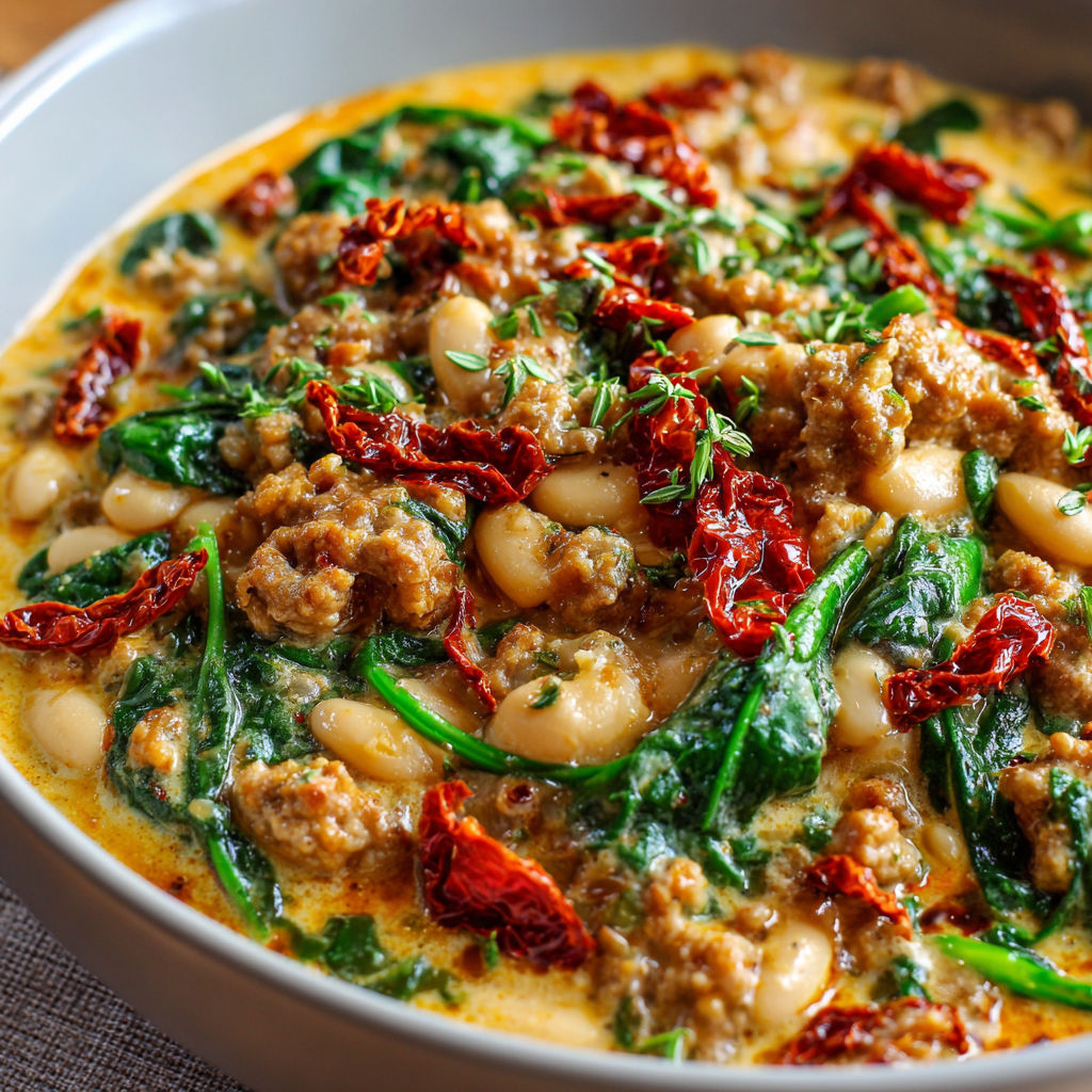 Un bol rempli de haricots mijotés avec des saucisses, des épinards et des tomates séchées, posé sur une table.