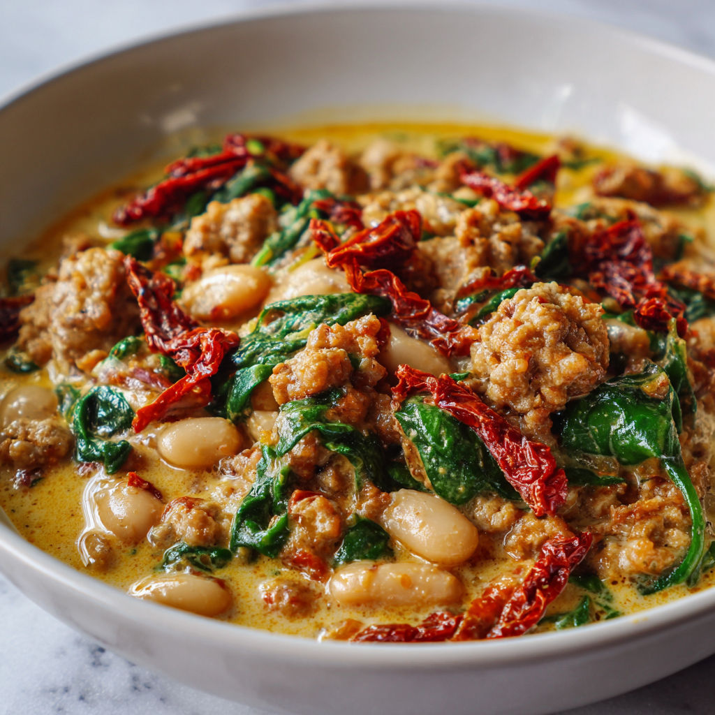 Un bol appétissant de haricots, épinards, viande et quelques herbes fraîches, prêt à être dégusté.