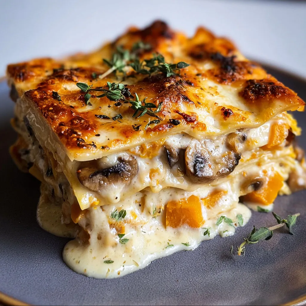 Tarte citron et champignons nappée de beurre et herbes, posée sur un plateau.