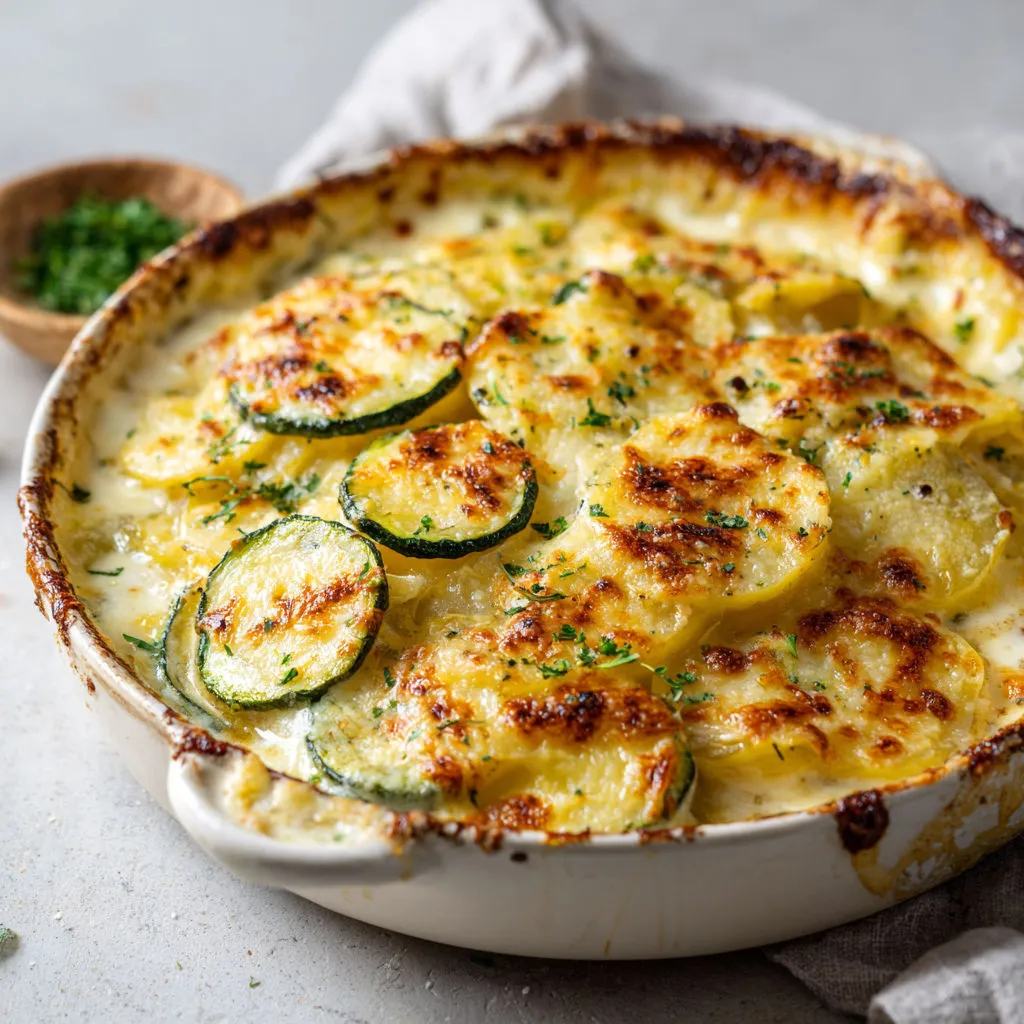 Une tarte au citron et aux courgettes avec une sauce au fromage pleine de goût et des herbes toutes fraîches dans un bol en porcelaine.