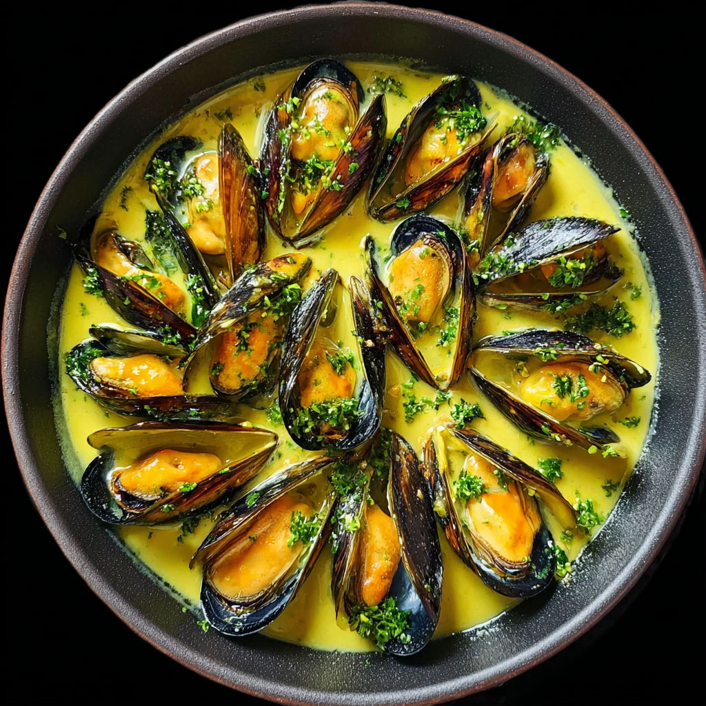 Mouclade Charentaise Savoureuse - Moules et fines herbes dans un plat.