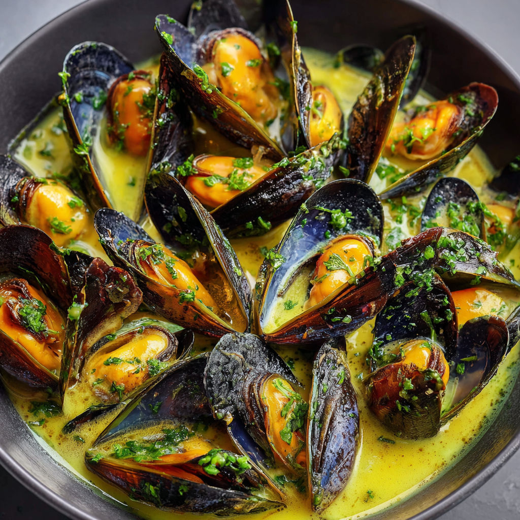 Des moules nappées d’une sauce aux herbes fraîches.