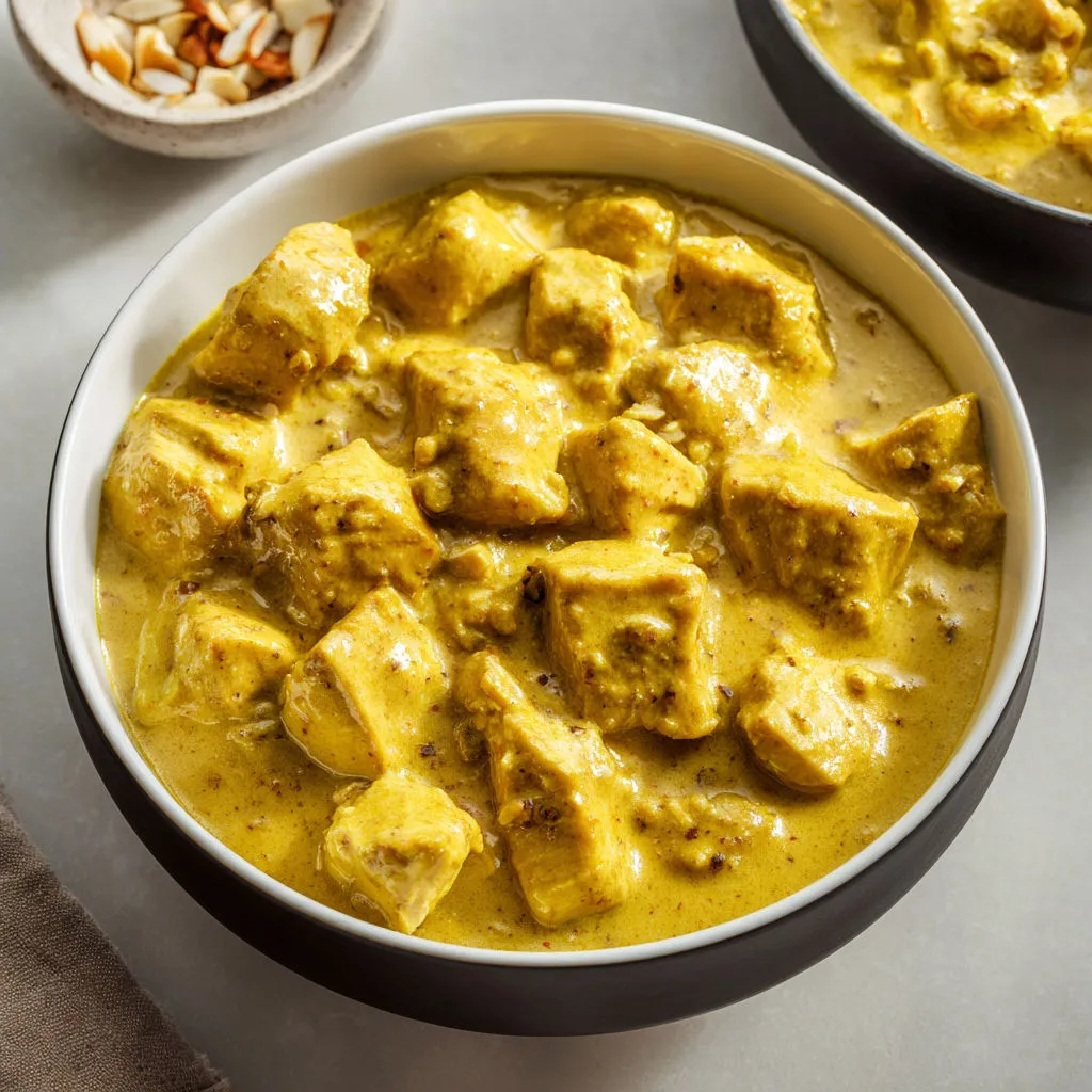 Un curry doux au poulet avec une sauce crémeuse et noix de coco.
