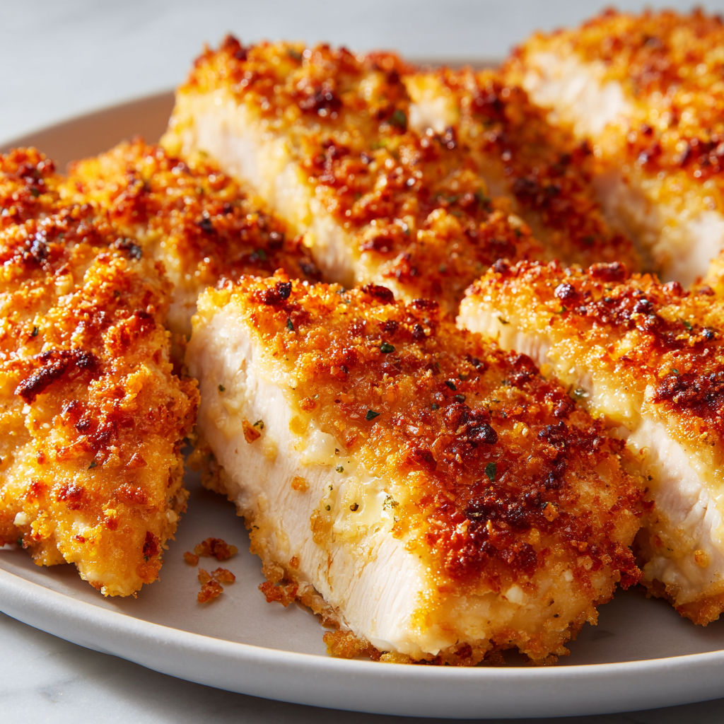 Un plat en porcelaine garni de délicieux morceaux de poulet doré au fromage parmesan.