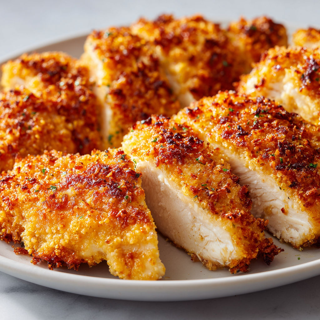 Des morceaux de poulet pané dorés aux herbes et épices, sur une plaque prête à servir.