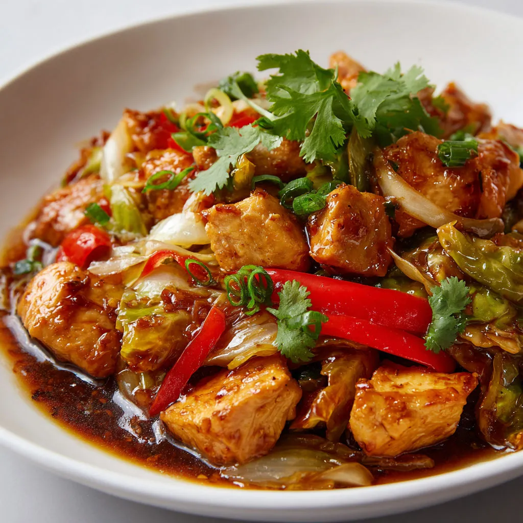 Un plat d’inspiration chinoise, riche en légumes et viande, dans un bol blanc.