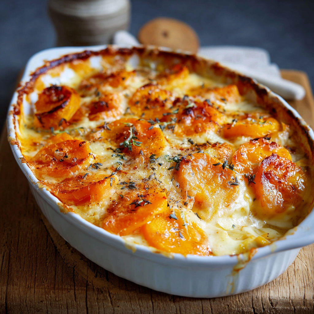 Un gratin doré de butternut et pommes de terre, prêt à servir.