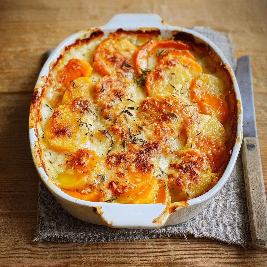 Part de gratin aux légumes, posée sur une jolie planche en bois.