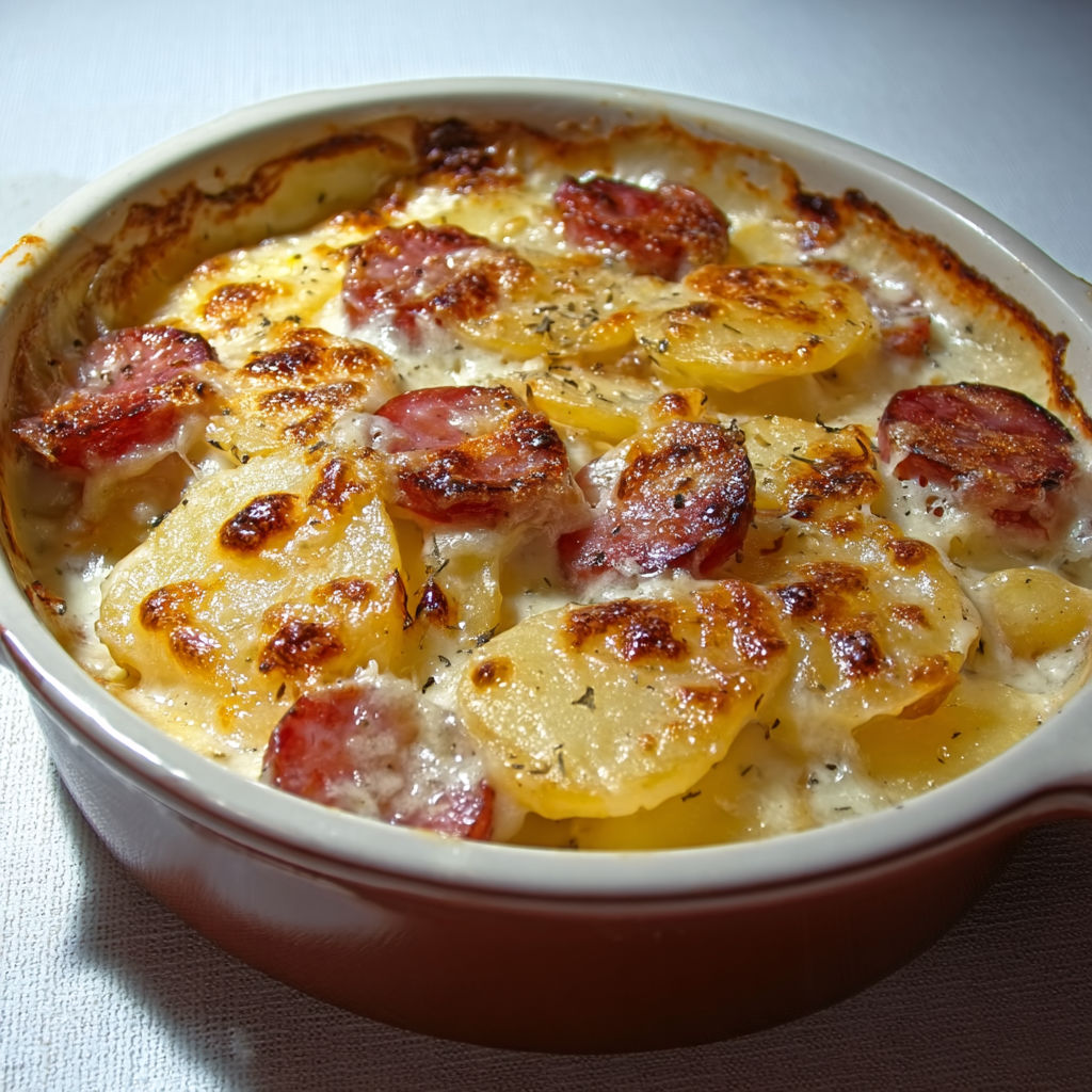 Une part de gratin de pommes de terre au jambon servie dans un bol en céramique.