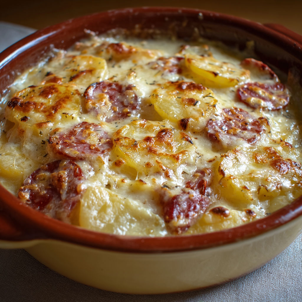 Part de gratin de pommes de terre au fromage dans un bol en céramique.