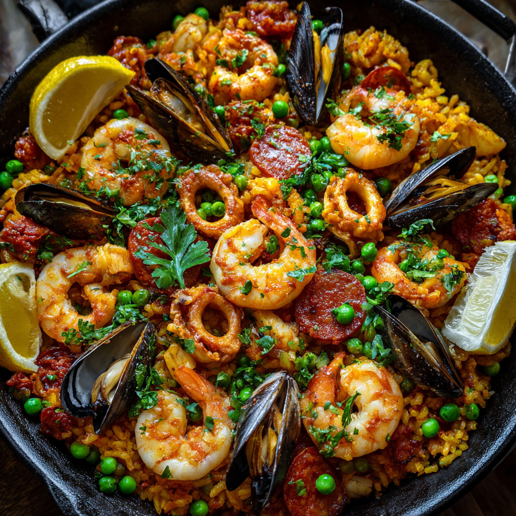 Une généreuse paella garnie de chorizo, crevettes, calamars et moules dans une assiette.