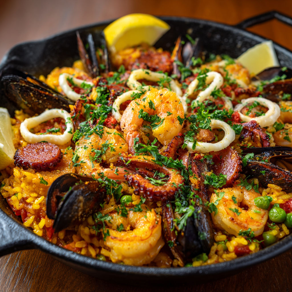 Un généreux plat de paella espagnole avec chorizo, crevettes, calamars et moules, dressé dans une cocotte en fonte.