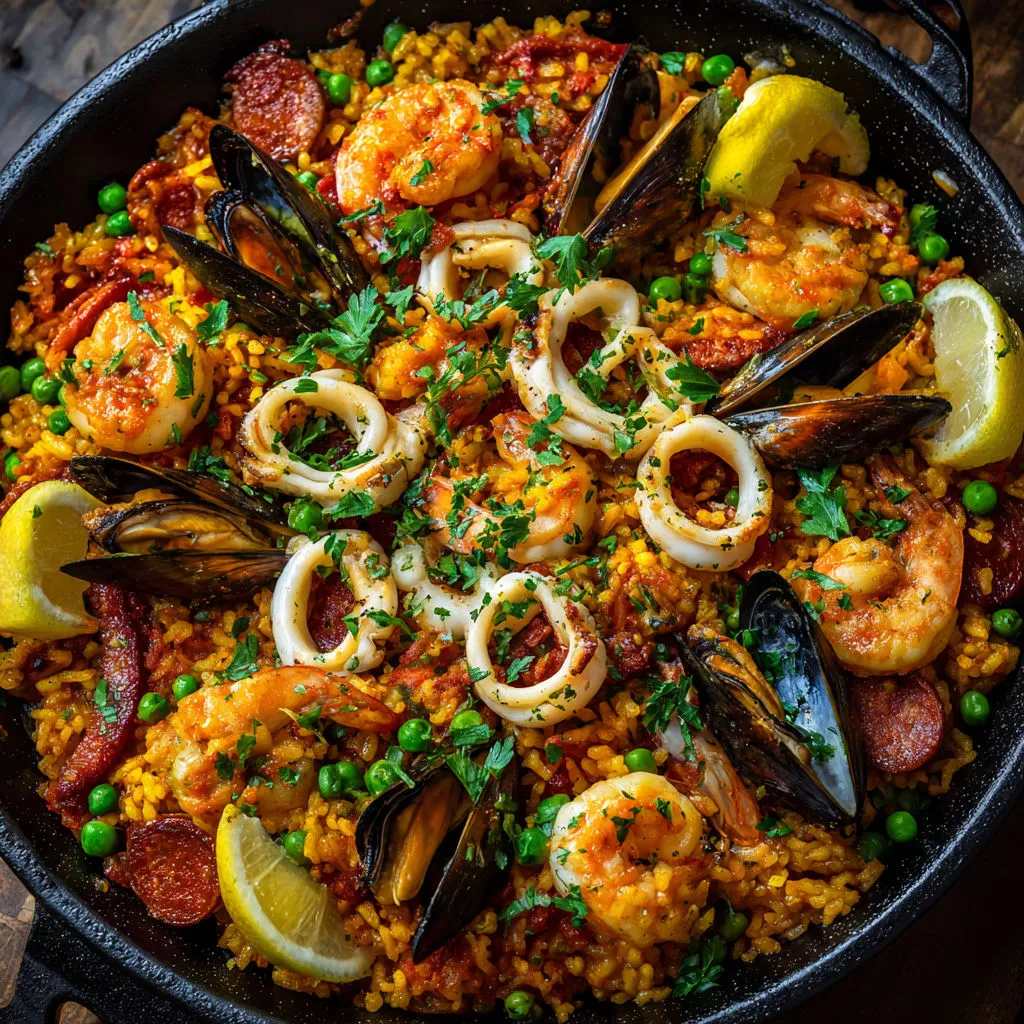 Une belle paella espagnole au chorizo, crevettes, calmars et moules dans une cocotte en fonte.