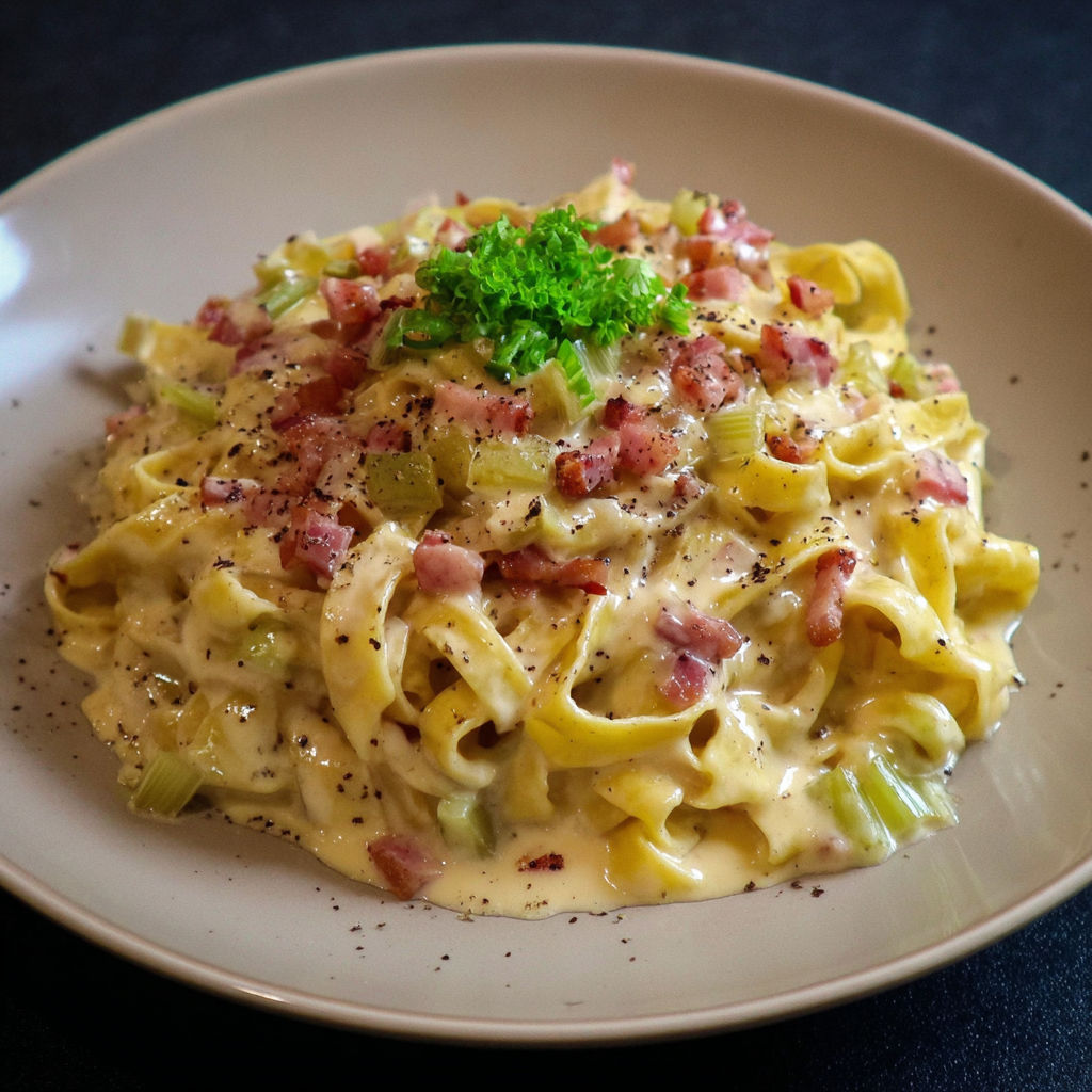 Une assiette généreuse de tagliatelles carbonara aux poireaux avec lardons croustillants.
