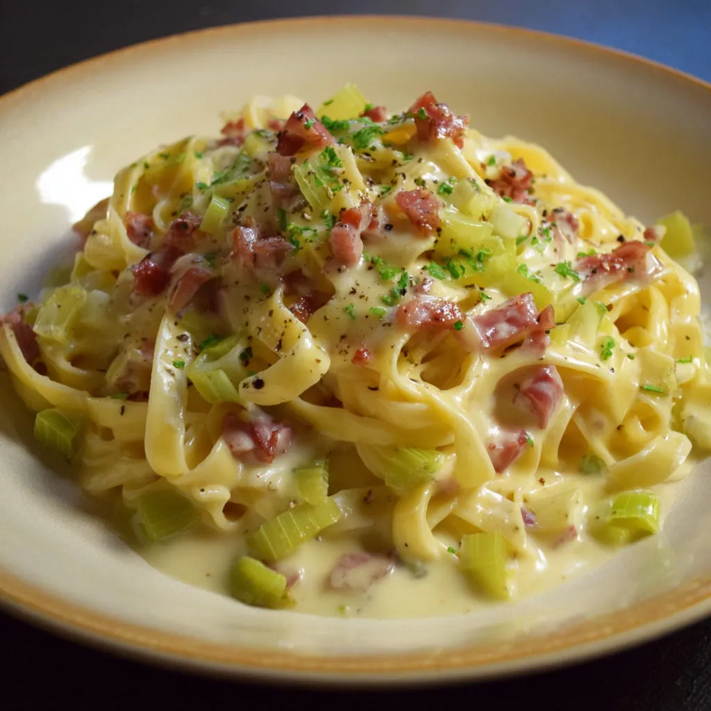 Assiette de pâtes façon carbonara avec légumes verts et lardons.
