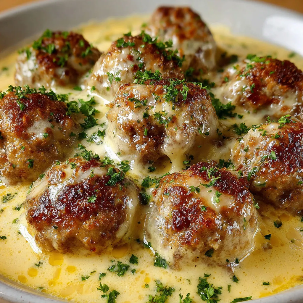 Des boulettes de viande nappées d’une sauce crémeuse.