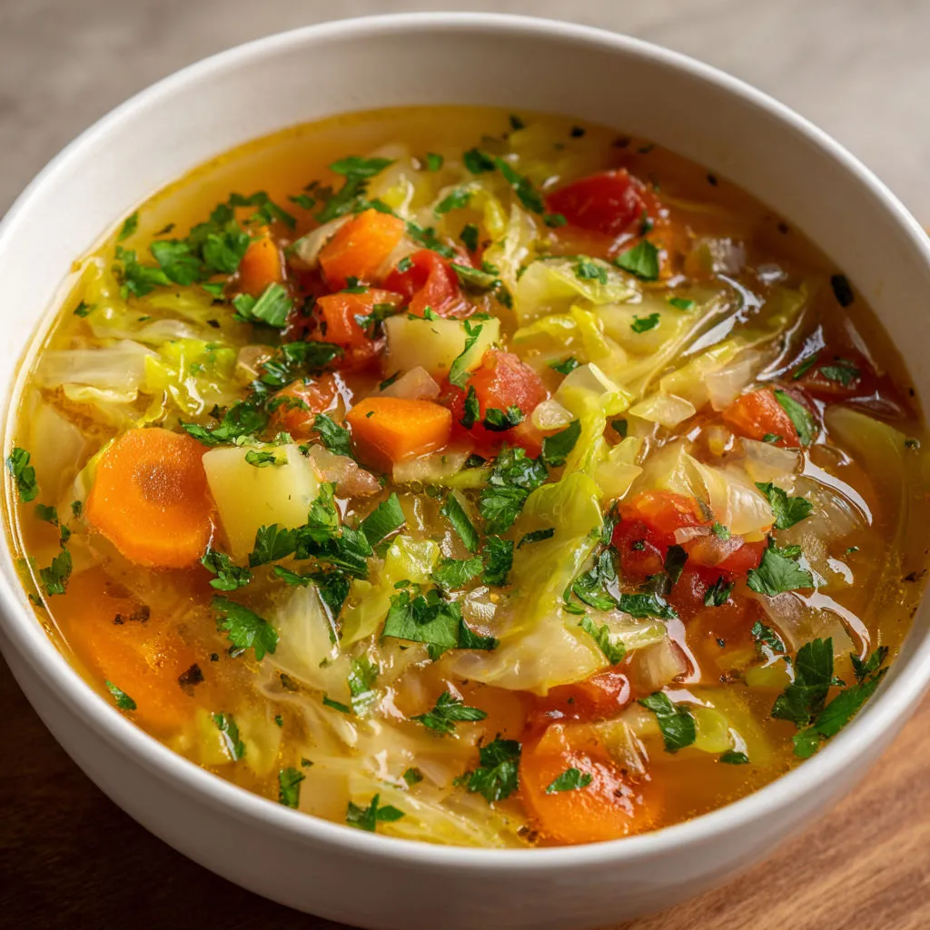 Un grand bol de soupe légère au chou, carotte, tomate et oignon posé sur une jolie table.