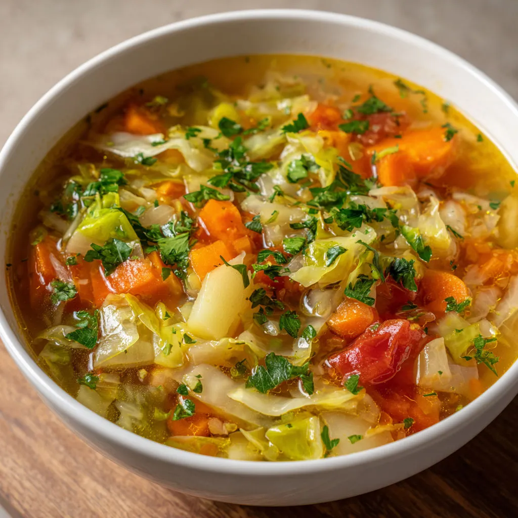 Un bol de soupe légère chou, carotte, tomate, oignon prêt à être dégusté.