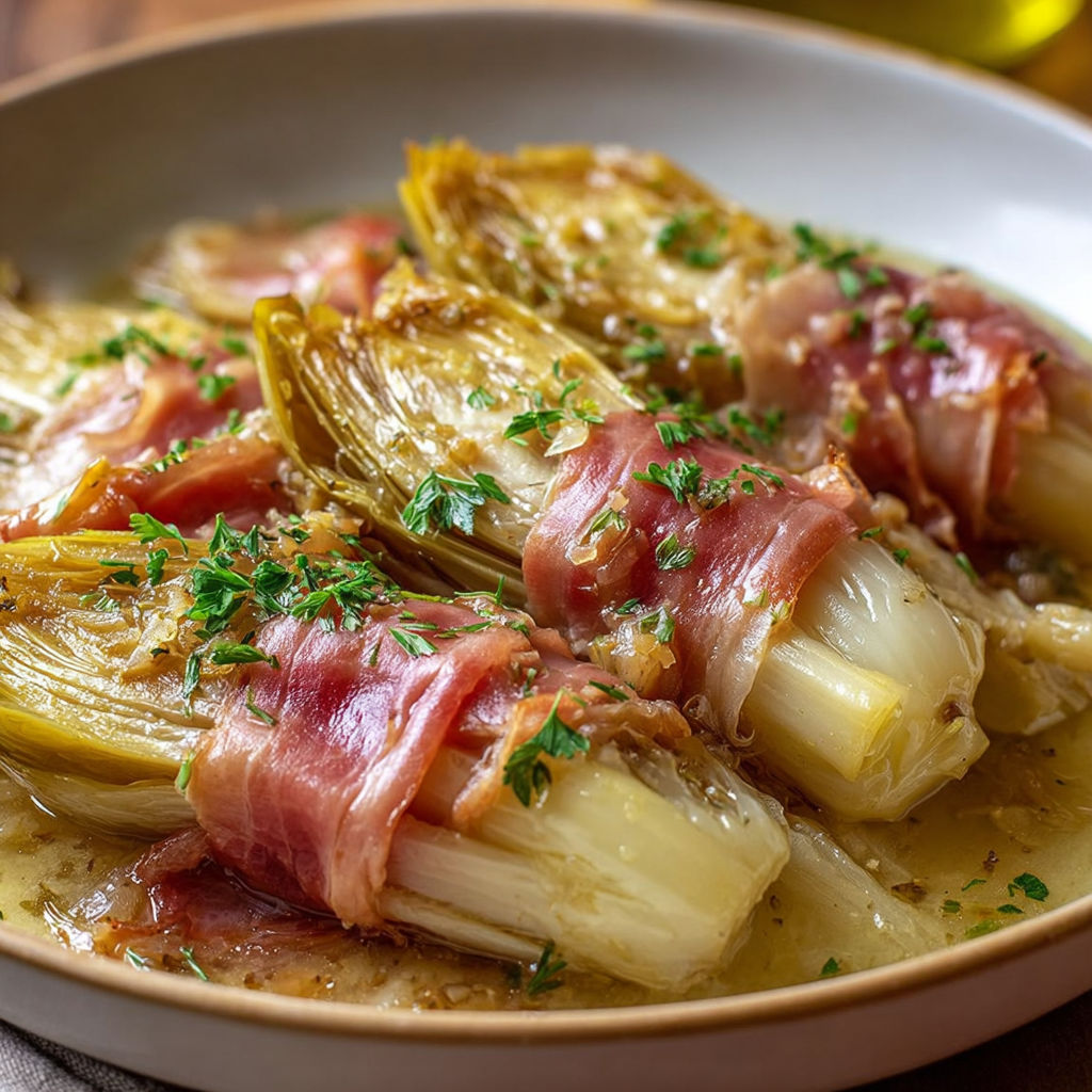 Un plat savoureux d'endives au jambon nappées d'une sauce blanche.