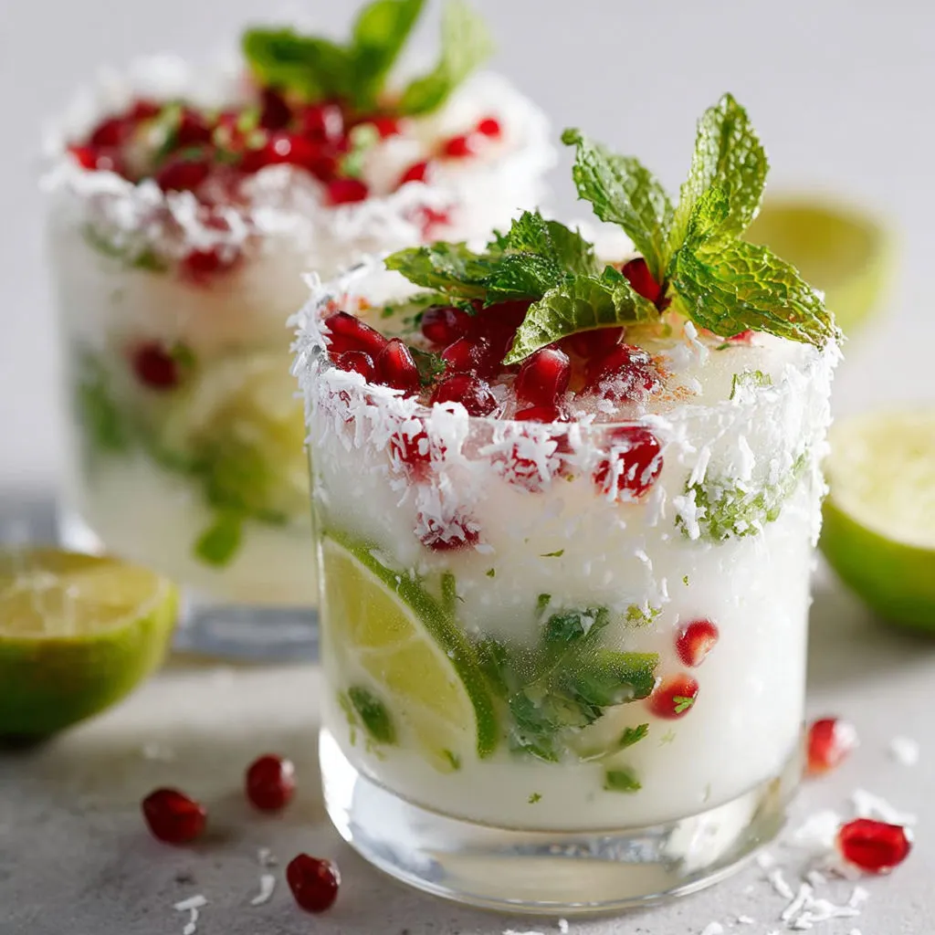 Un cocktail dans un verre avec fruits frais et herbes sur le dessus.