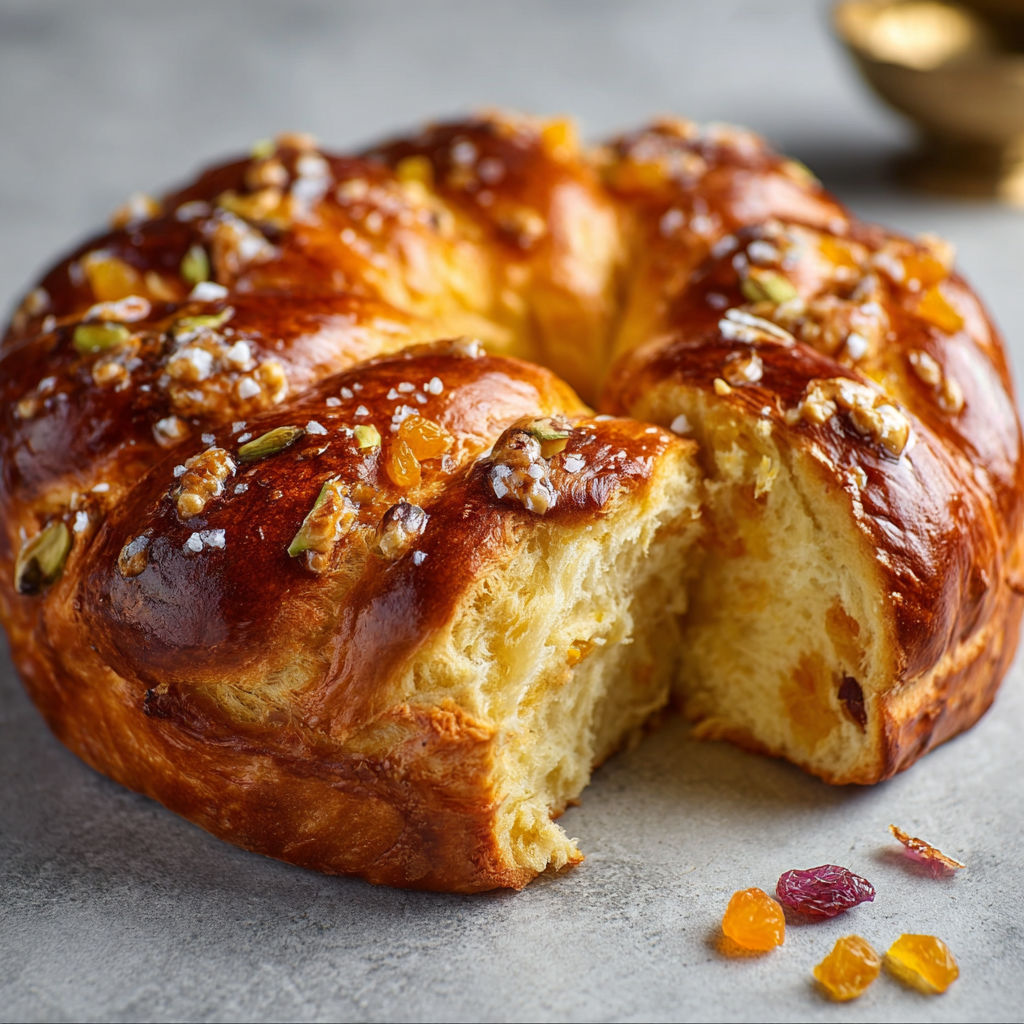 Une belle part de brioche du Sud avec fruits confits et noix, posée sur la table.