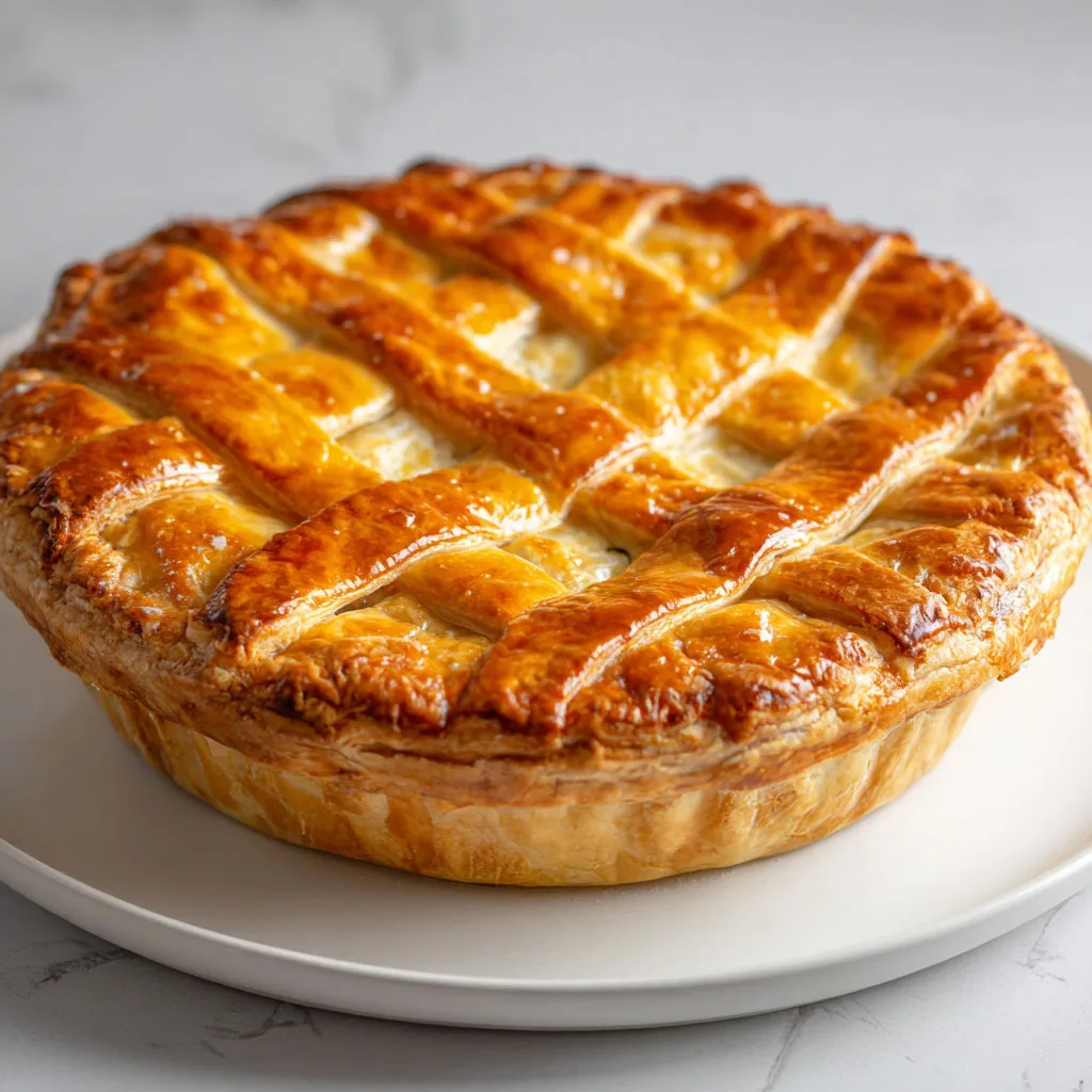 Une tarte façon quiche sur un plat transparent.