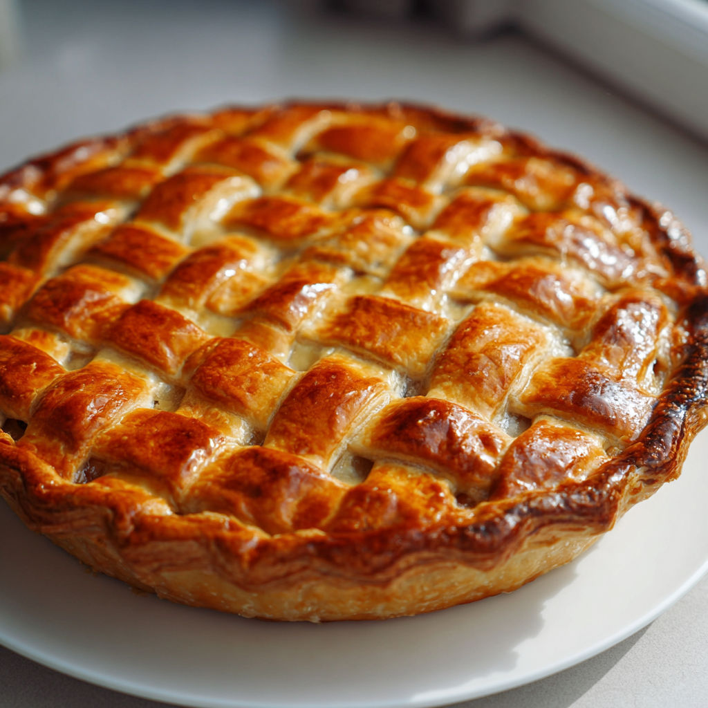 Une tarte aux pommes posée sur un plat.