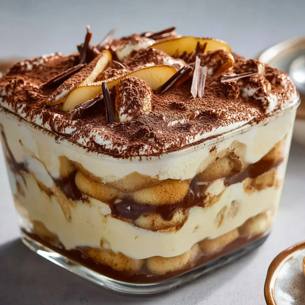 Tarte fruitée et chocolat, décorée de morceaux de chocolat, servie dans un bol transparent.