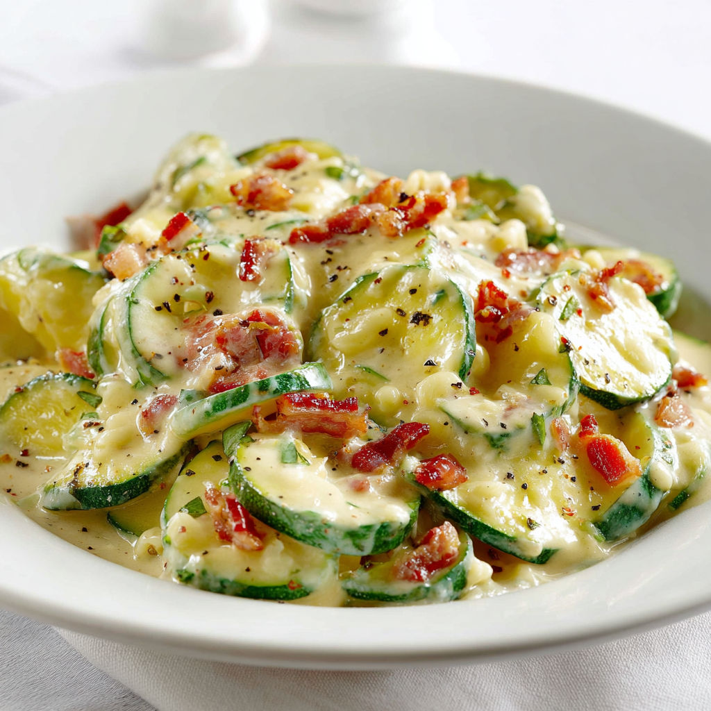 Plat de courgettes Carbonara avec sauce au fromage crémeux sur une table blanche.