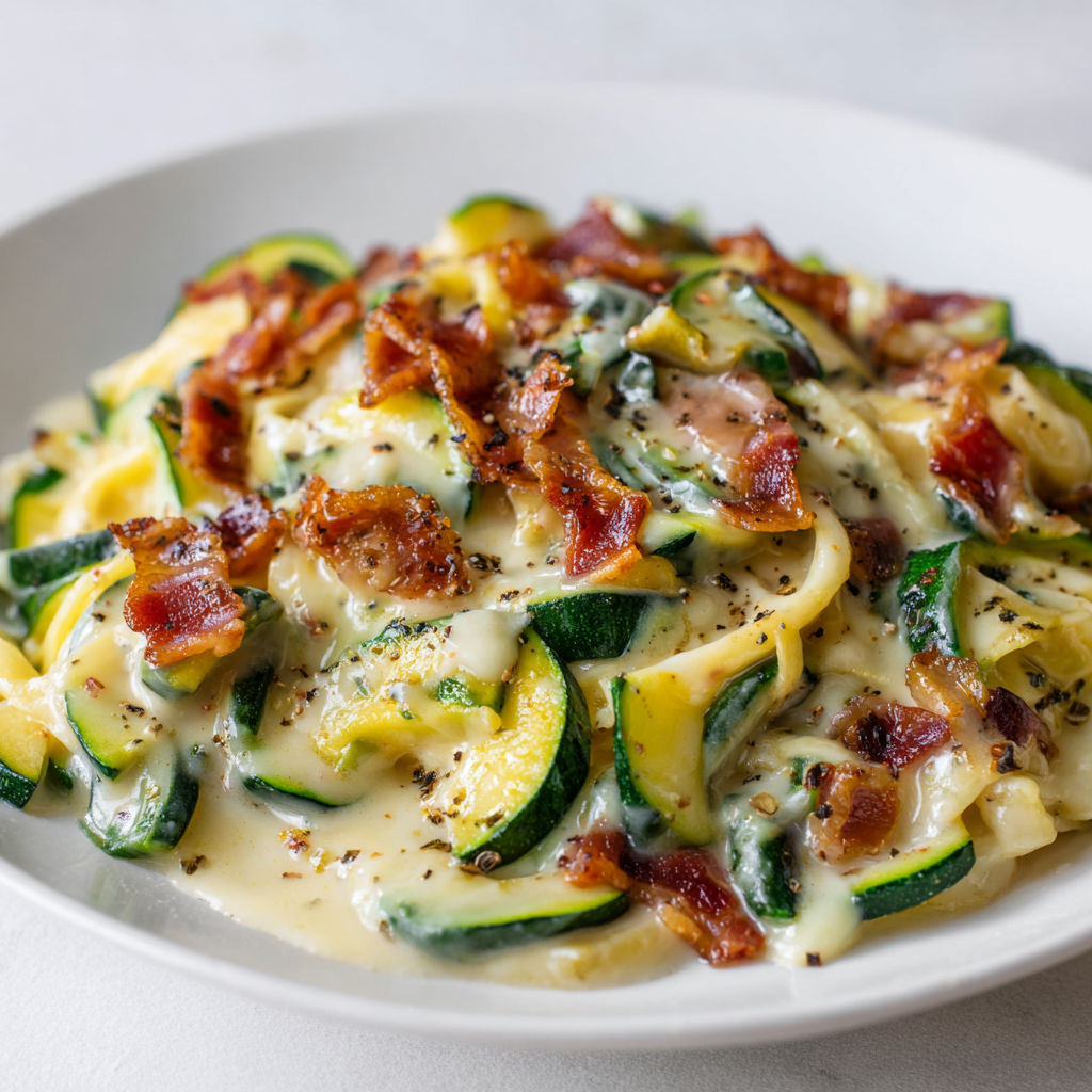 Assiette de spaghetti façon carbonara aux courgettes et lardons.