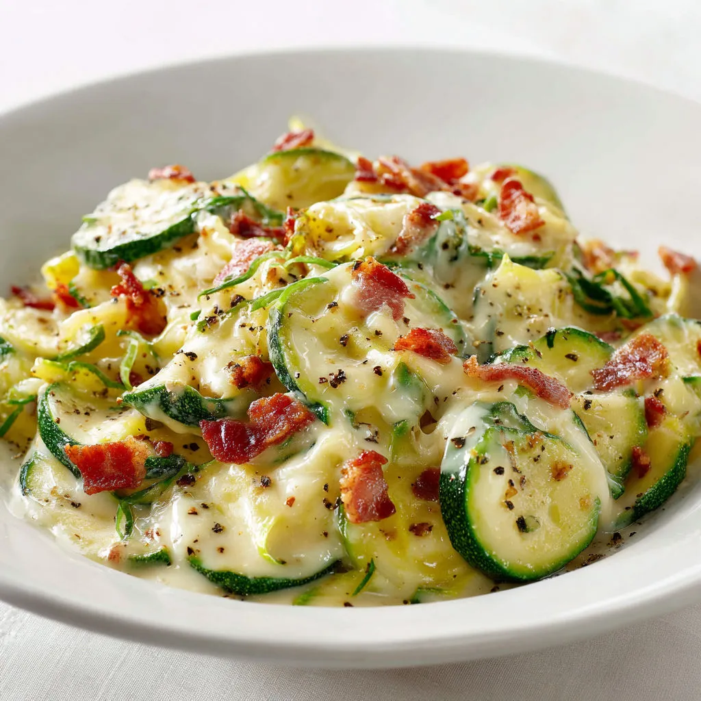 Assiette de pâtes avec légumes verts et lardons.