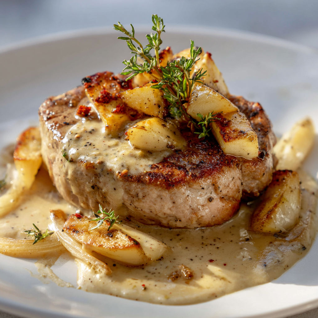 Une assiette généreuse de filet mignon de porc fondant aux pommes avec une sauce chaleureuse.