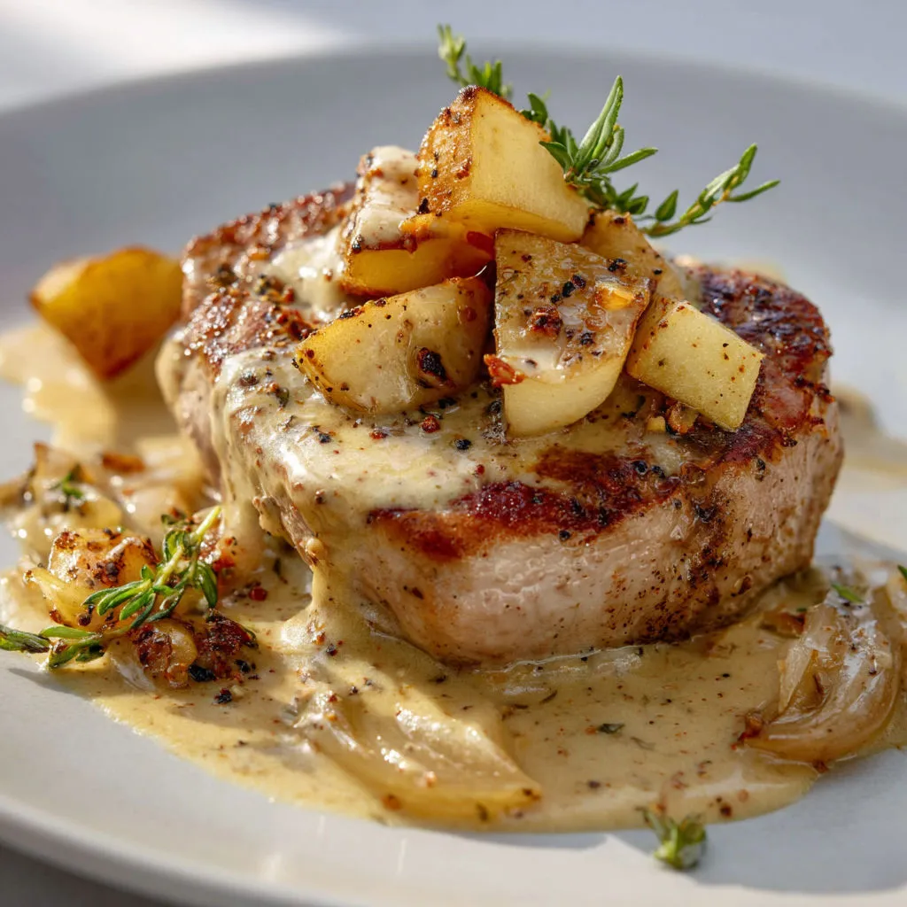 Un morceau de bœuf grillé avec des pommes de terre, des herbes, et une sauce au beurre sur le côté.
