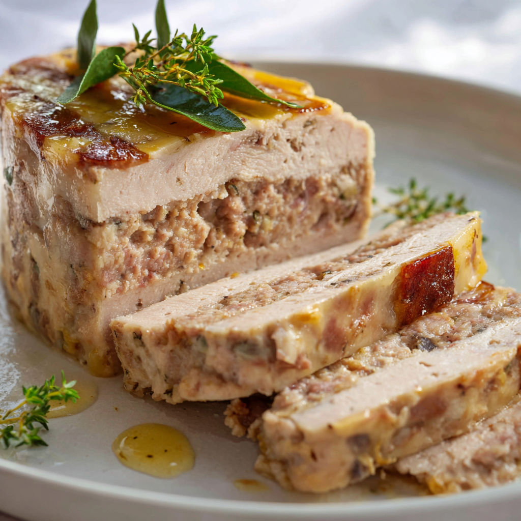 Une terrine de volaille posée sur une planche, entourée d’herbes fraîches.