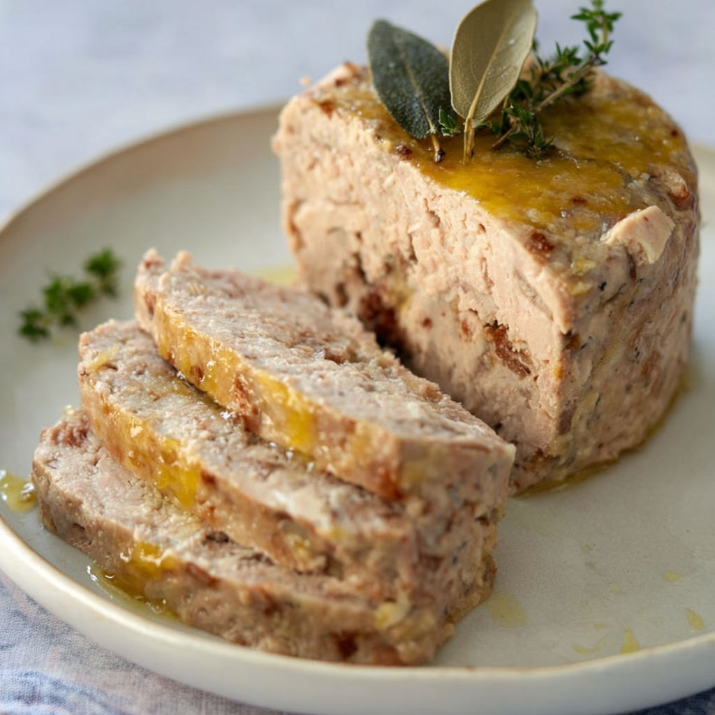 Terrine de volaille posée sur une planche.